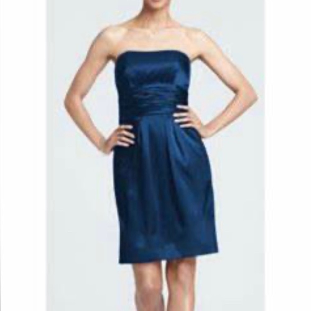 Dark blue stretchy satin short dress with POCKETS!